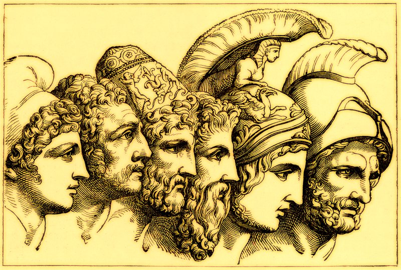 Les héros de la guerre de Troie : Paris, Diomède, Ulysse, Nestor, Achille, Agamemnon, illustration de L