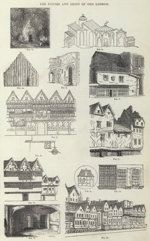 Les maisons et boutiques du vieux Londres (gravure) - English School