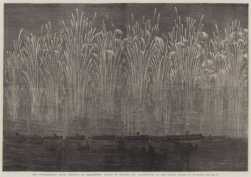 Le festival naval international à Portsmouth, volée de fusées et illumination des flottes alliées à Spithead - English School