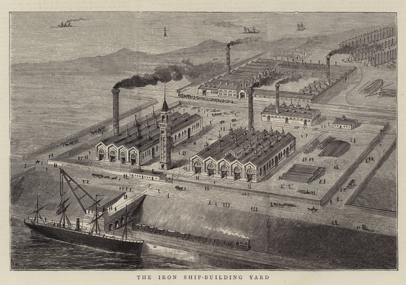 Le chantier de construction navale en fer (gravure) - English School
