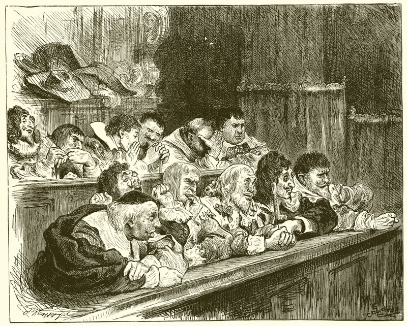 Le jury. Monsieur Aveugle, Monsieur Malice, Monsieur Amour Luxure, Monsieur Vie Lâche, Monsieur Tête Brûlée, Monsieur Hautain, Monsieur Inimitié, Monsieur Menteur, Monsieur Cruauté, Monsieur Haine Lumière, Monsieur Implacable - English School