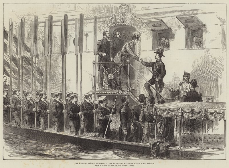Le roi de Grèce reçu par le Prince de Galles à bord du HMS Serapis - English School