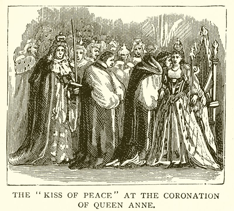 Le baiser de paix lors du couronnement de la reine Anne - English School