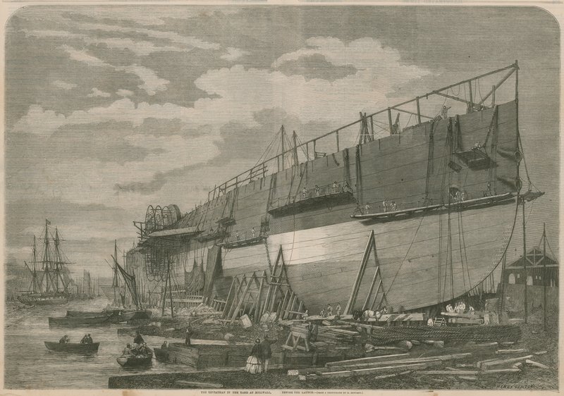 Le Leviathan dans le chantier à Millwall, Londres, avant le lancement - English School