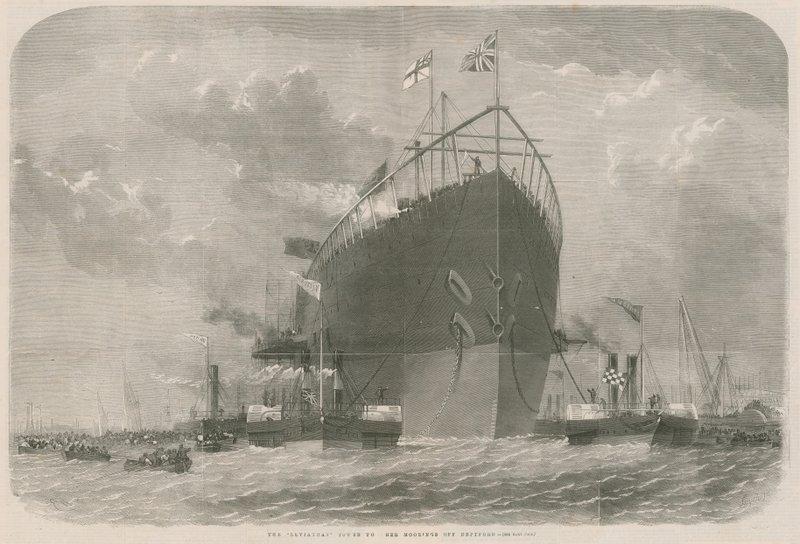 Le Leviathan remorqué à son mouillage au large de Deptford - English School