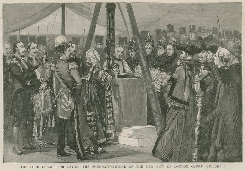 Le Lord Chancelier posant la première pierre du nouveau tribunal de la ville de Londres, Guildhall - English School