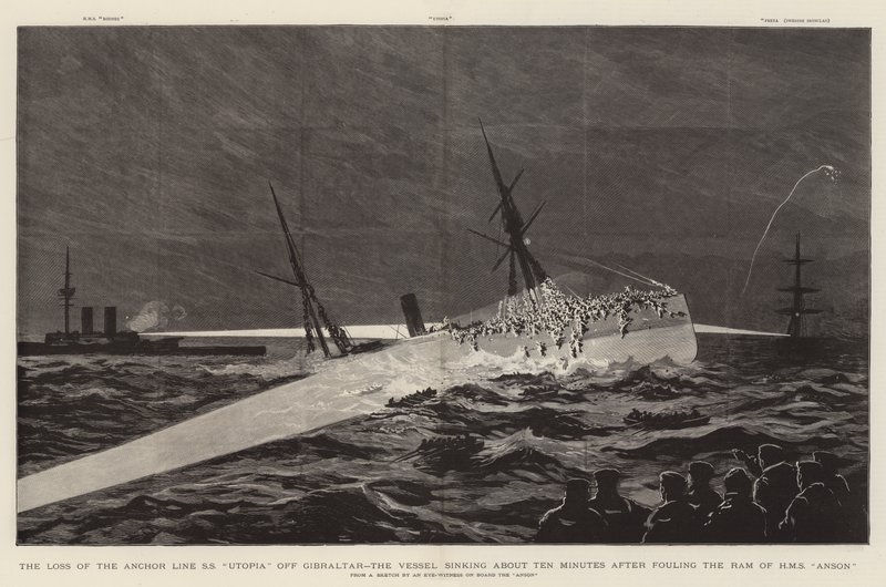 La perte du SS "Utopia" de la ligne Anchor au large de Gibraltar, le navire coulant environ dix minutes après avoir heurté le bélier du HMS "Anson" (gravure) - English School
