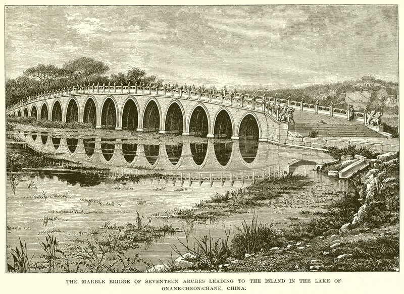 Le pont de marbre à dix-sept arches menant à l