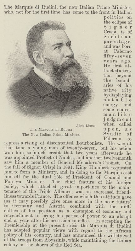 Le Marquis di Rudini, le nouveau Premier Ministre italien (gravure) - English School