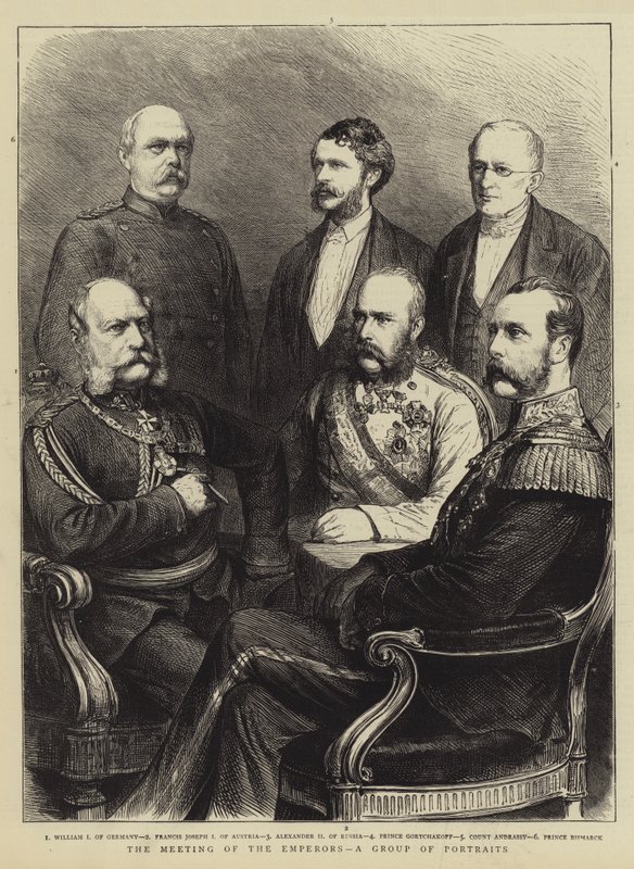 La rencontre des empereurs, un groupe de portraits (gravure) - English School