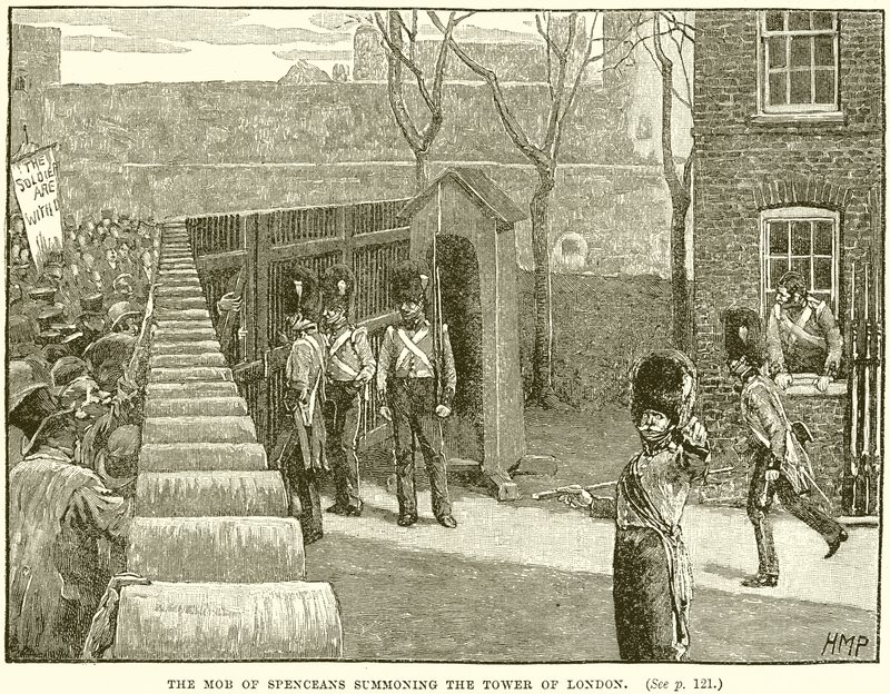 La foule des Spenceans convoquant la Tour de Londres - English School
