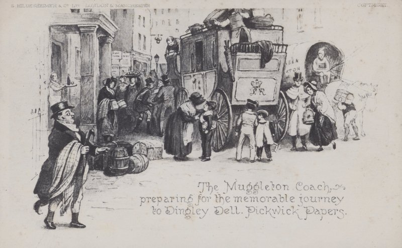 Le carrosse de Muggleton, préparant le voyage mémorable à Dingley Dell, Pickwick Papers - English School