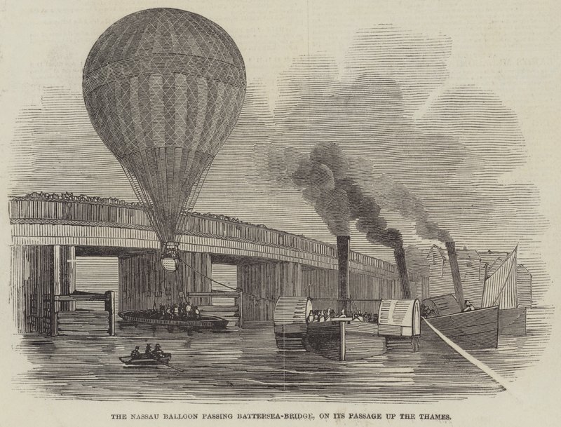 Le Ballon Nassau passant le pont de Battersea, sur son passage sur la Tamise (gravure) - English School