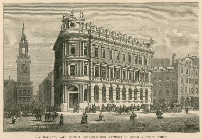 Les nouveaux locaux de la National Safe Deposit Company dans Queen Victoria Street, Londres - English School