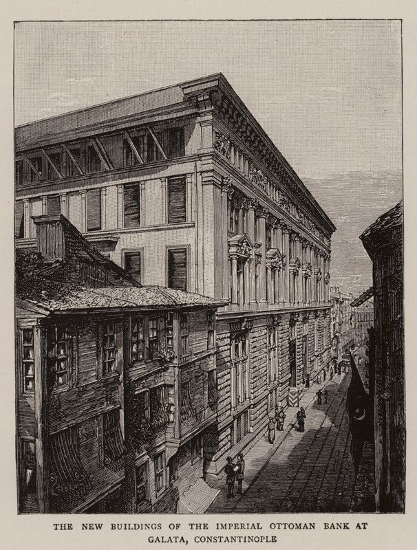 Les nouveaux bâtiments de la Banque impériale ottomane à Galata, Constantinople (gravure) - English School