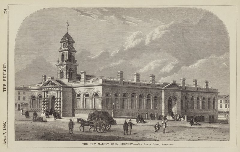 Nouveau Hall du Marché, Burnley, M. James Green, Architecte (gravure) - English School