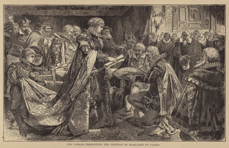 Les nobles présentant la pétition à Marguerite de Parme (gravure) - English School