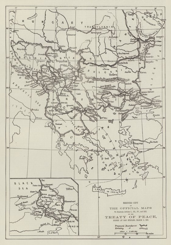 Les cartes officielles du traité de paix, signé à San Stefano, 3 mars 1878 (gravure) - English School