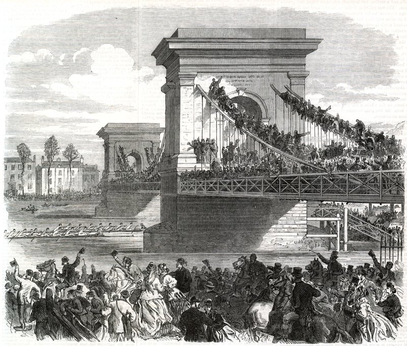 La course de bateaux Oxford et Cambridge, scène au pont Hammersmith - English School