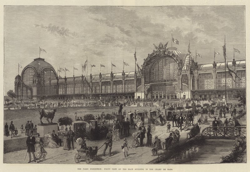 Exposition de Paris, vue de face du bâtiment principal au Champ de Mars (gravure) - English School