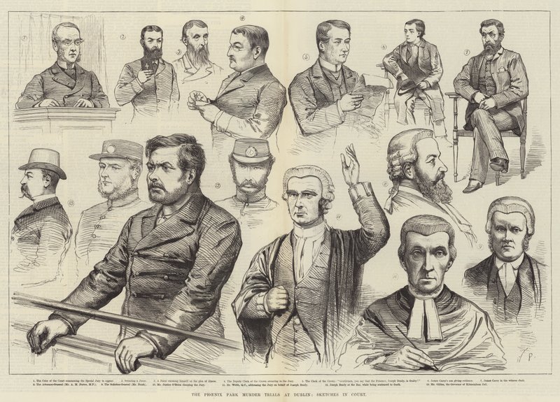 Les procès pour meurtre du Phoenix Park à Dublin, croquis au tribunal - English School