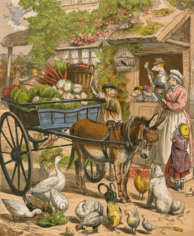 La famille Porker qui est restée à la maison pour manger du rôti de bœuf (lithographie en couleur) - English School
