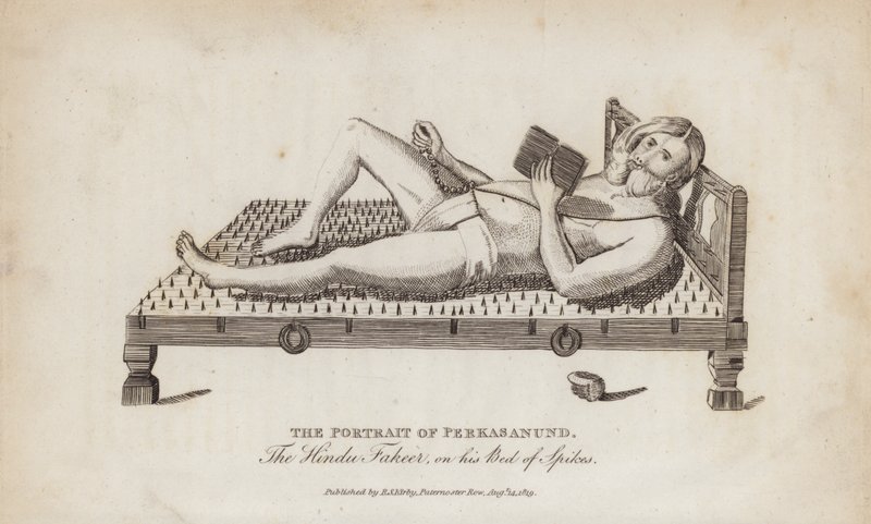 Portrait de Perkasanund, le fakir hindou, sur son lit de clous (gravure) - English School