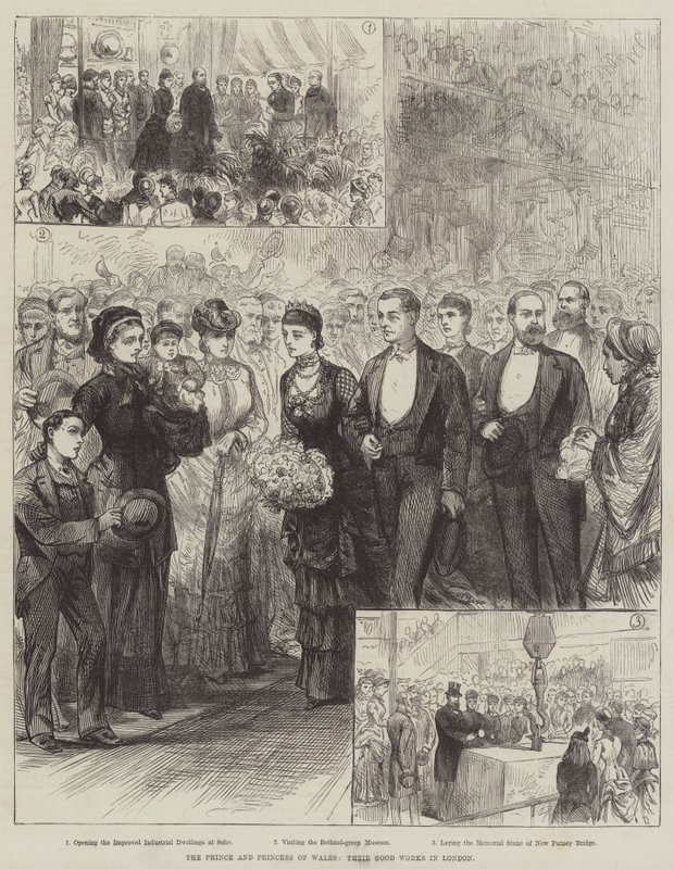 Le prince et la princesse de Galles, leurs bonnes œuvres à Londres (gravure) - English School
