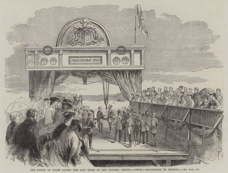 Le Prince de Galles posant la dernière pierre du pont Victoria (gravure) - English School