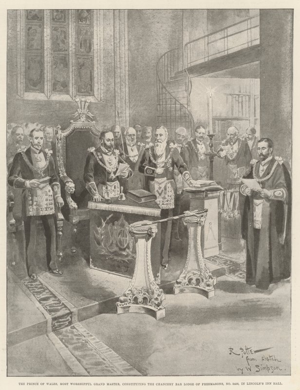 Le Prince de Galles, Très Vénérable Grand Maître, constituant la Loge du Barreau de la Chancellerie des Francs-Maçons, No 2456, dans le Hall de Lincoln