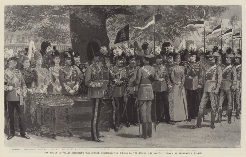 Le Prince de Galles remettant les médailles commémoratives du jubilé aux troupes indiennes et coloniales au palais de Buckingham - English School