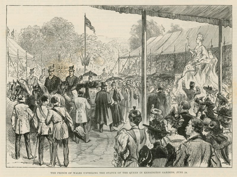 Le prince de Galles dévoilant la statue de la reine dans les jardins de Kensington - English School