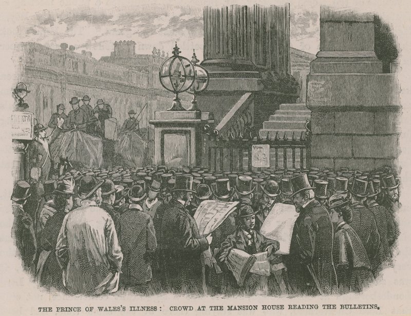 Maladie du Prince de Galles : Foule au Mansion House lisant les bulletins - English School