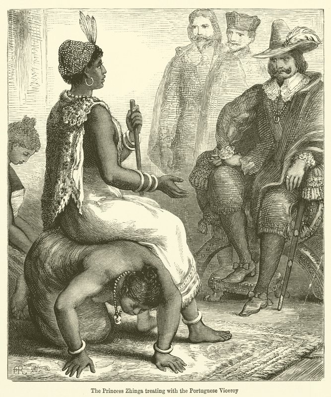 La princesse Zhinga traitant avec le vice-roi portugais (gravure) - English School