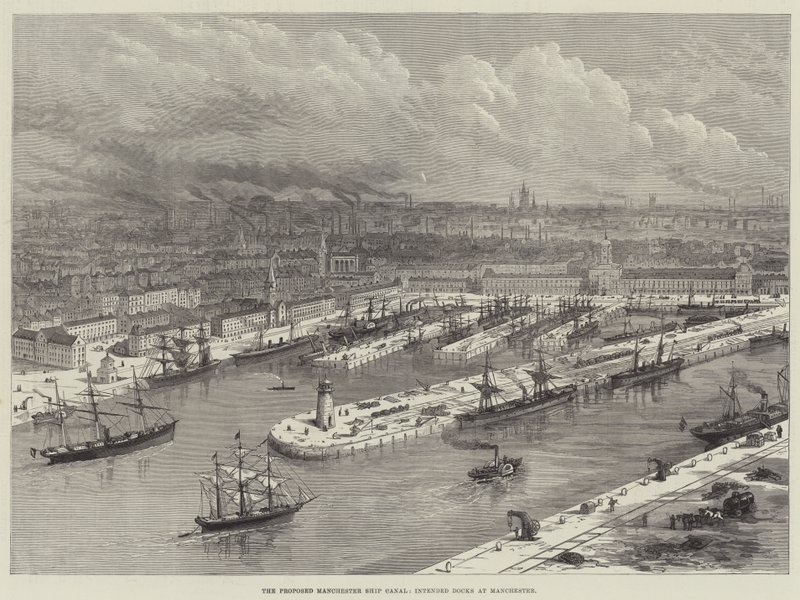 Le projet de canal maritime de Manchester, quais prévus à Manchester (gravure) - English School