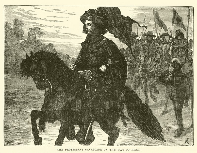 La cavalcade protestante en route vers Berne (gravure) - English School