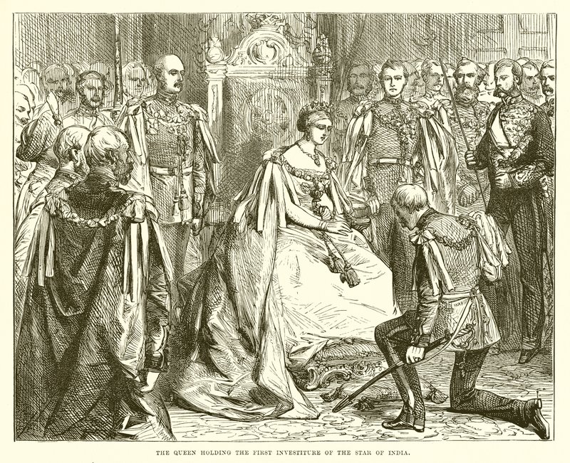La reine tenant la première investiture de l