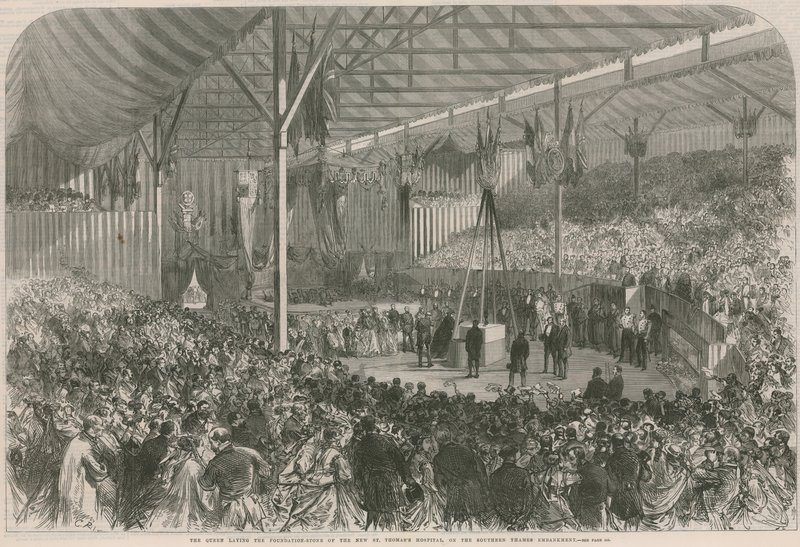 La Reine posant la première pierre du nouvel Hôpital St Thomas - English School