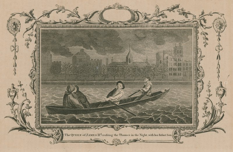 La reine de Jacques II traversant la Tamise la nuit avec son fils infant - English School