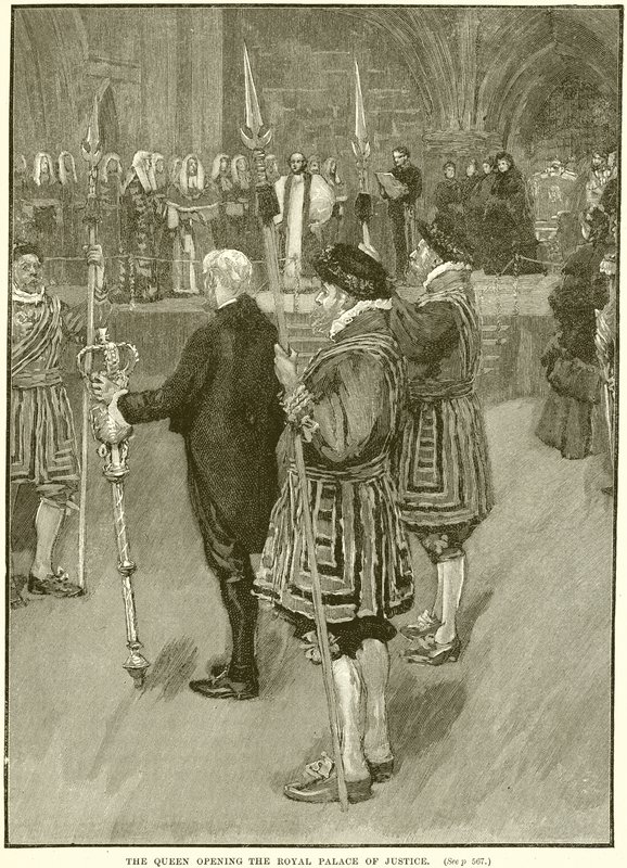 La reine ouvrant le palais de justice royal - English School