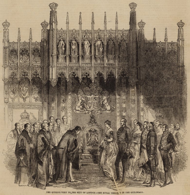 Visite de la Reine à la ville de Londres, le trône royal dans le Guildhall - English School