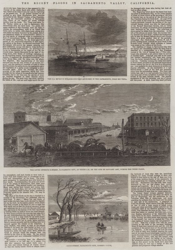 Les récentes inondations dans la vallée de Sacramento, Californie (gravure) - English School