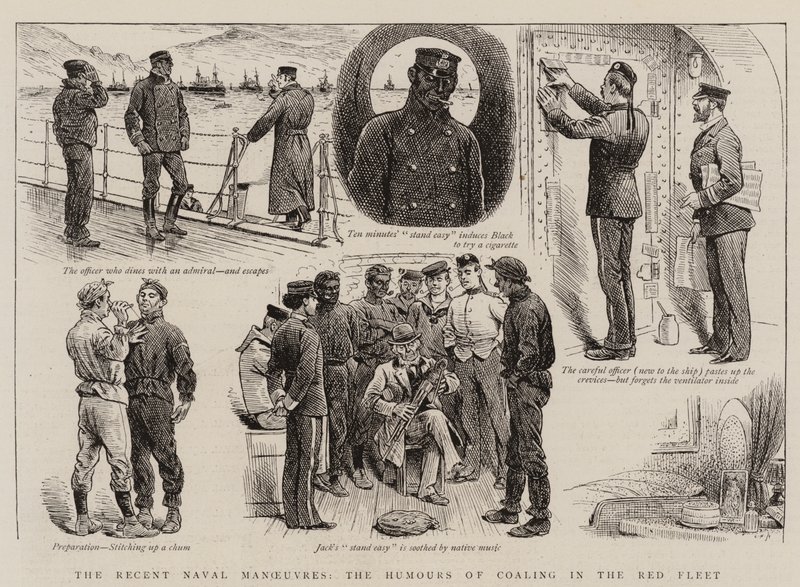 Les récentes manœuvres navales, les humours du ravitaillement en charbon dans la flotte rouge (gravure) - English School