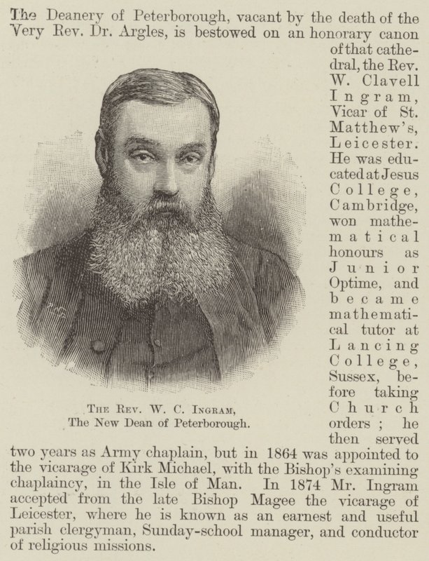 Le révérend W C Ingram, le nouveau doyen de Peterborough (gravure) - English School