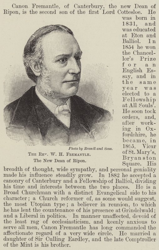 Le révérend W H Fremantle, le nouveau doyen de Ripon (gravure) - English School