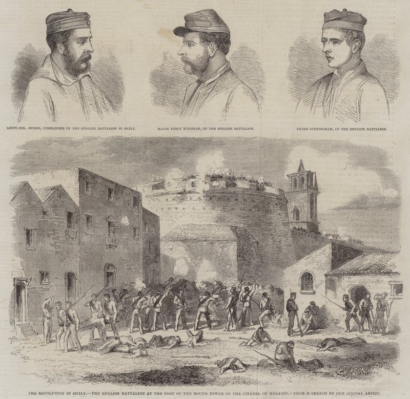 La révolution en Sicile, le bataillon anglais au pied de la tour ronde de la citadelle de Melazzo (gravure) - English School
