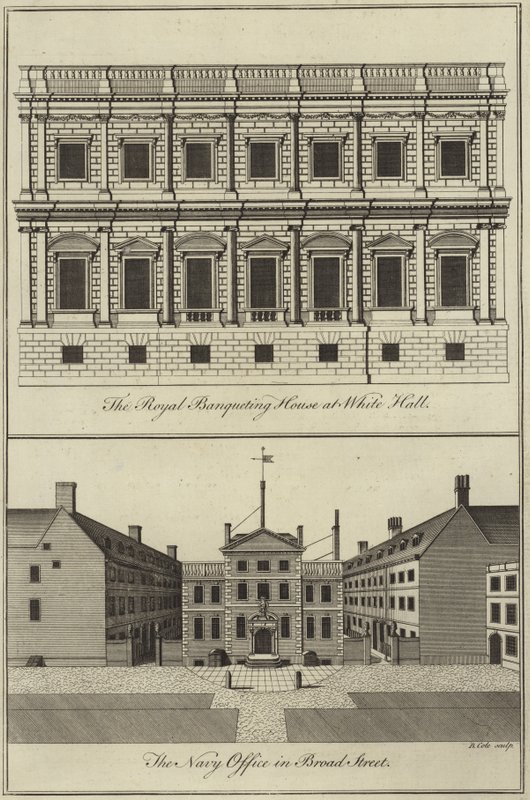 La Maison de Banquet Royale à Whitehall et le Bureau de la Marine à Broad Street, Londres - English School