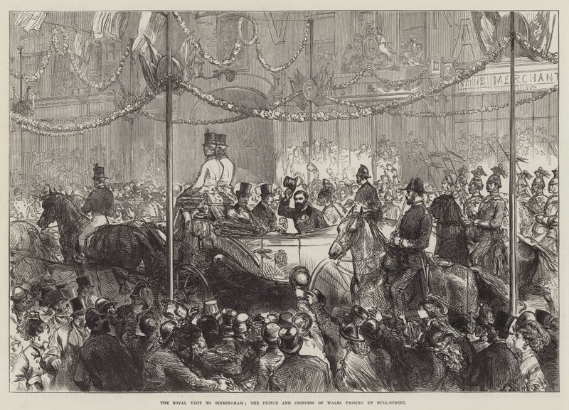 Visite royale à Birmingham, le prince et la princesse de Galles passant par Bull-Street - English School