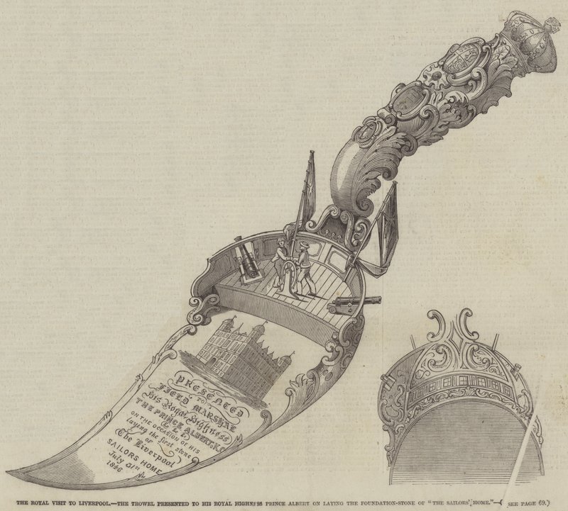 La visite royale à Liverpool, la truelle présentée à Son Altesse Royale le prince Albert lors de la pose de la première pierre de "La Maison des Marins" - English School