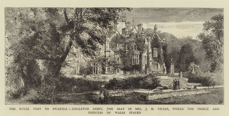 La visite royale à Swansea, Singleton Abbey, la résidence de Mme J H Vivian, où le prince et la princesse de Galles ont séjourné (gravure) - English School